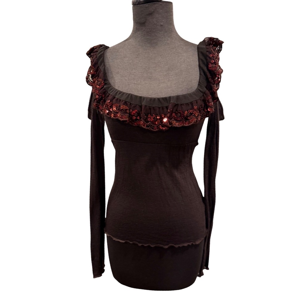 Kosmika Brown Sequin EURO Ruffle Cold Shoulder Long Sleeve Top Made in Italy